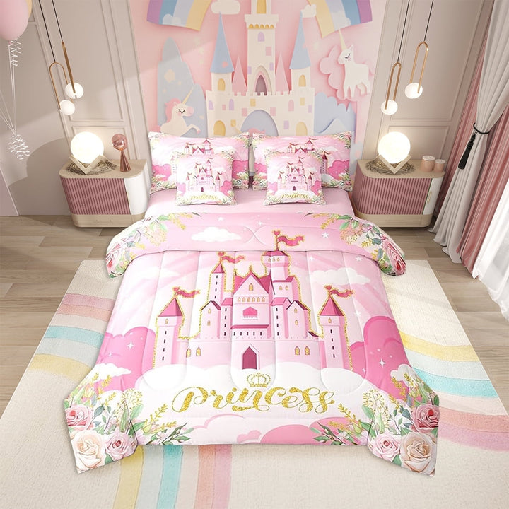 Erosebridal Pink Girls Comforter Set 7 Pieces for Girls, Cartoon Castle Pink Bed Set,Dreamy Fairy Tale Bedding Soft Microfiber Princess Comforter Set Full Size, Pink Reversible