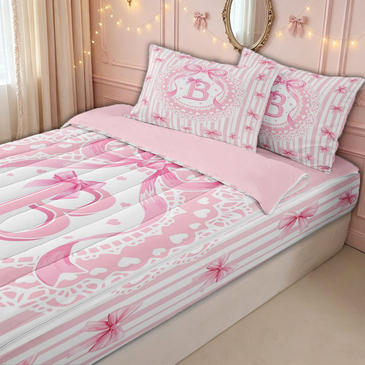 meiyoeat Preppy Letter B Zipper Twin Comforter Sets with Fitted Sheet and 2 Pillowcases for Kids Girls, Princess Bow Lace Zipper Bedding Set for Bedroom, Pink White, Pink ReversibleG