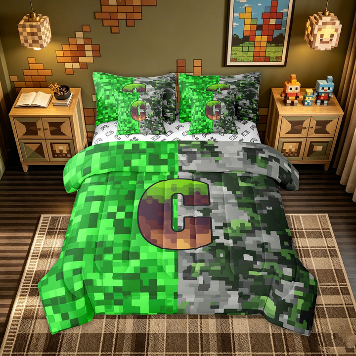 meiyoeat Pixel Grass C Initial Full Size Bedding Sets for Boys, Gamer Block Monogram Full Size Bed in a Bag, Green Brown, Gamepad Reversible, 7 Pieces