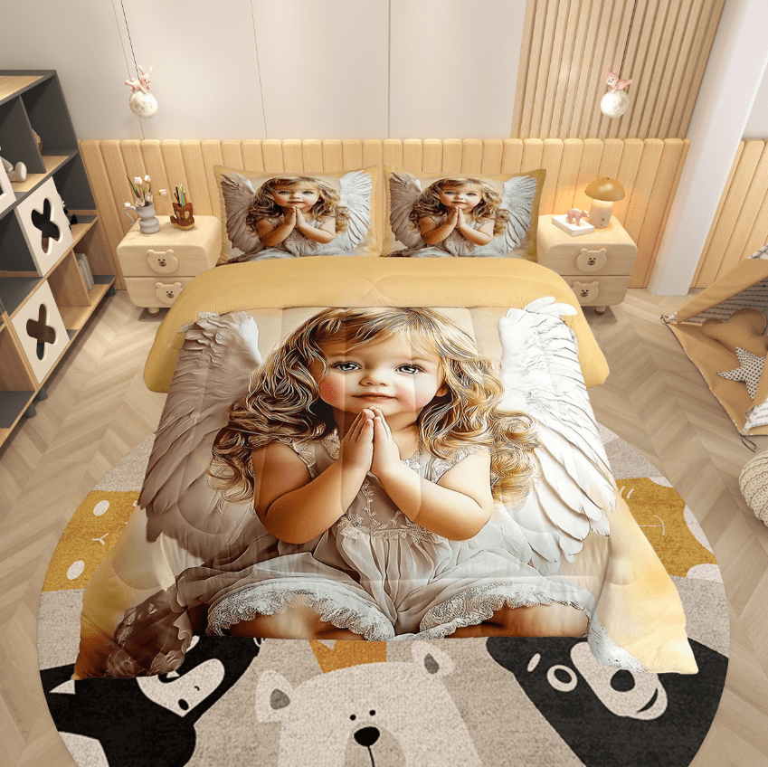 Erosebridal Cute Angel Bedding Queen Comforter Set, White Angel Wings Down Comforter, Kawaii Bedroom Decor Ultra Soft 3 Pieces