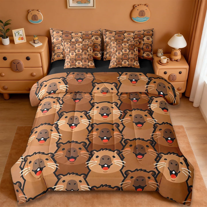 Erosebridal Cute Animal Capybara 7-Piece Twin Bedding Sets For Capybara Lover,Cartoon Capybaras Bedding Comforter Set For Girls Kids ,Reversible Black