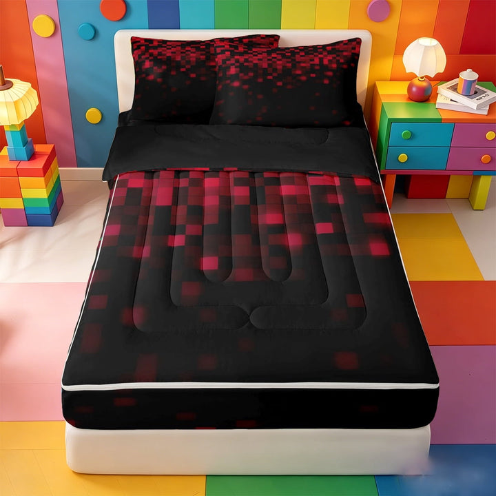 meiyoeat Red Pixel Plaid Zipper Full Size Comforter Sets with Fitted Sheet and 2 Pillowcases For Boys,Abstract Geometric Print Zipper Bedding Set,Reversible,4-Piece