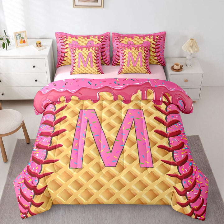 Erosebridal Baseball Ice Cream M Letter Twin Bedding Sets, Pink Cake Initial Bedding Comforter Set, 7 Pieces