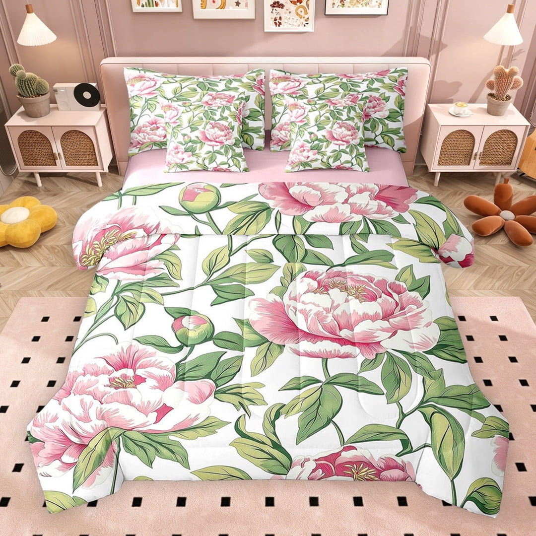 Erosebridal Chic Pink Flower Twin Bedding Sets for Girls, Green Leaves Bedding Comforter Set, Pink Reversible, 7 Pieces