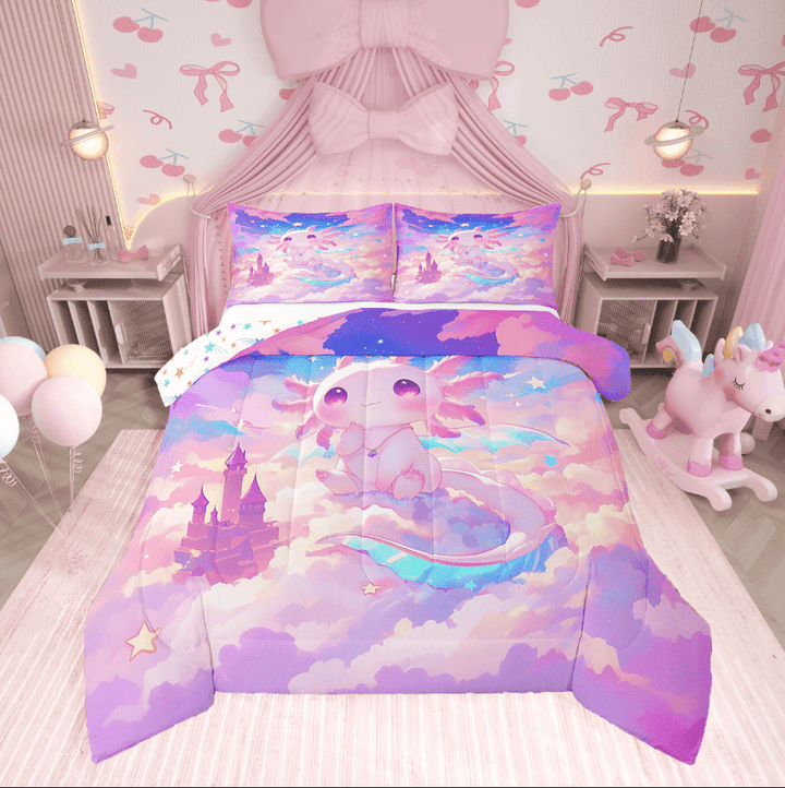 Erosebridal Cartoon Axolotl Bedding Twin Comforter Set,Dreamy Castle Down Comforter,Princess Room Decorative,Reversible,2-Piece