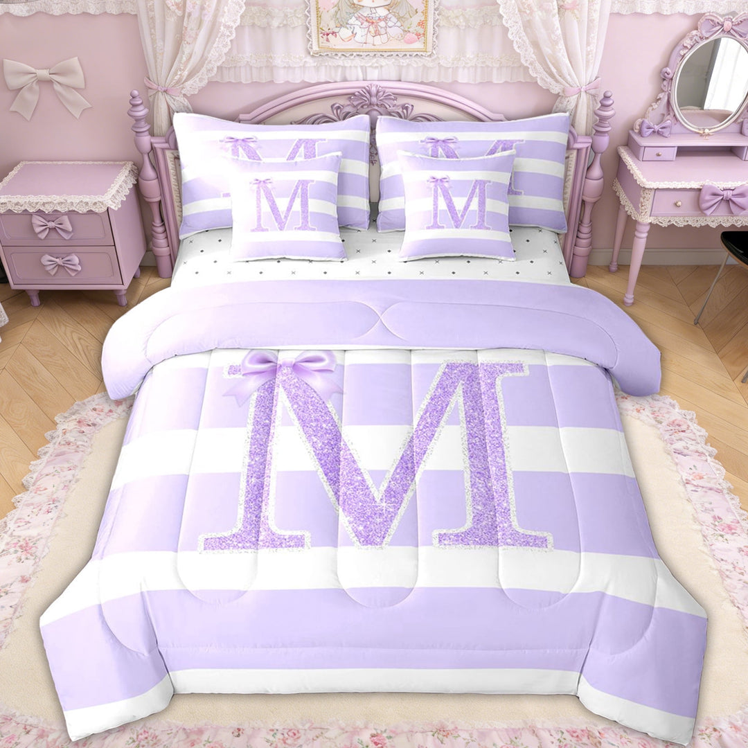 Erosebridal Glitter Print Bow Letter M Twin Bedding Sets for Girls, Purple Stripes Ribbon Bedding Comforter Set, Reversible, 7-Piece