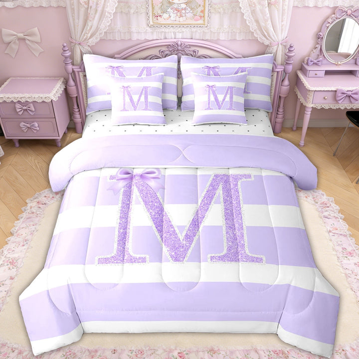 Erosebridal Glitter Print Bow Letter M Twin Bedding Sets for Girls, Purple Stripes Ribbon Bedding Comforter Set, Reversible, 7-Piece
