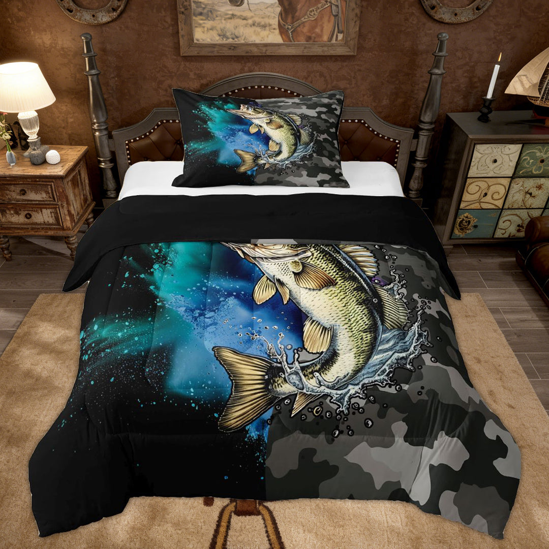 Erosebridal Kids Bass Fish Twin Comforter Sets, Black Grey Camo Bedding Set, Black Reversible, 2 Pieces