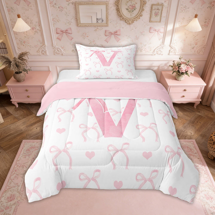 Erosebridal Kawaii Bowknot Bedding Sets Twin with Comforter, Initial V Duvet Insert, Romantic Initial A-Z Decor, Reversible