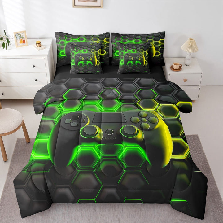 Erosebridal Teens Gaming Bed in a Bag Twin size, Green Honeycomb Bed Set, Geometric Reversible Bedding Twin Size, Ultra Soft Bedroom Decoration, 7 Pieces