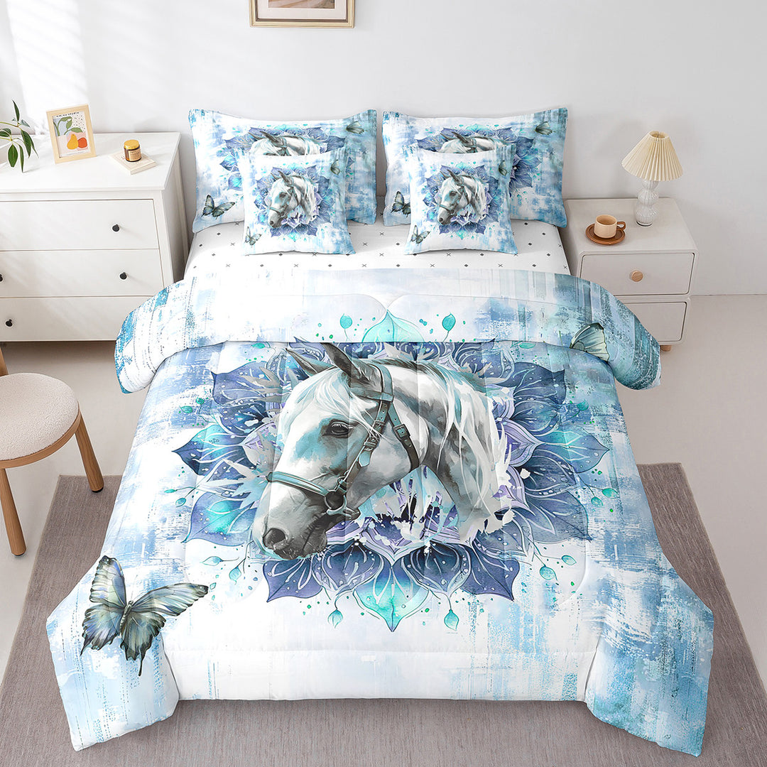 Erosebridal 7-Piece Farm Animal Bedding Set,Twin Size Bed In A Bag Horses,Bohemian Mandala Twin Size Comforter Set Blue Ombre Bedding Comforter Sets,Chic Butterfly Bed Set