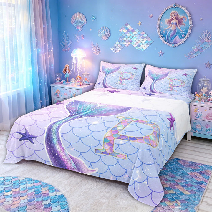 meiyoeat Mermaid Scale Letter P Bed Sheets for Kids Girls, Marine Starfish Full Size Sheets, Purple Blue, 4pcs, 1 Flat Sheet, 1 Fitted Sheet and 2 Pillowcases