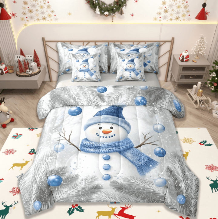 Manfei Cute Xmas Snowmen 7-Piece Bedding Comforter Set,Merry Christmas King Bedding Sets,Blue Sliver Bed Sheets,Ultra Soft Home Decor Reversible