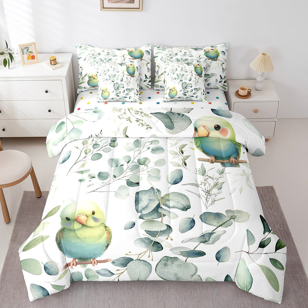 Cute Parrot Bed in a Bag 7-Piece Green Eucalyptus Bedding Set, Wild Animal Bird Twin Comforter Set Botanical Plant Leaves Bedding Comforter Sets, Cartoon Wildlife Bed Set