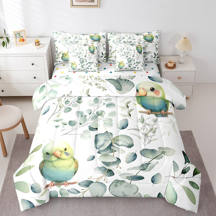 Cute Parrot Bed in a Bag 7-Piece Green Eucalyptus Bedding Set, Wild Animal Bird Twin Comforter Set Botanical Plant Leaves Bedding Comforter Sets, Cartoon Wildlife Bed Set