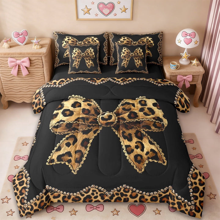 Erosebridal Leopard Print Bowknot 7-Piece Twin Bedding Sets,Girls Cute Bows Bedding Comforter Set For Kids,Reversible black
