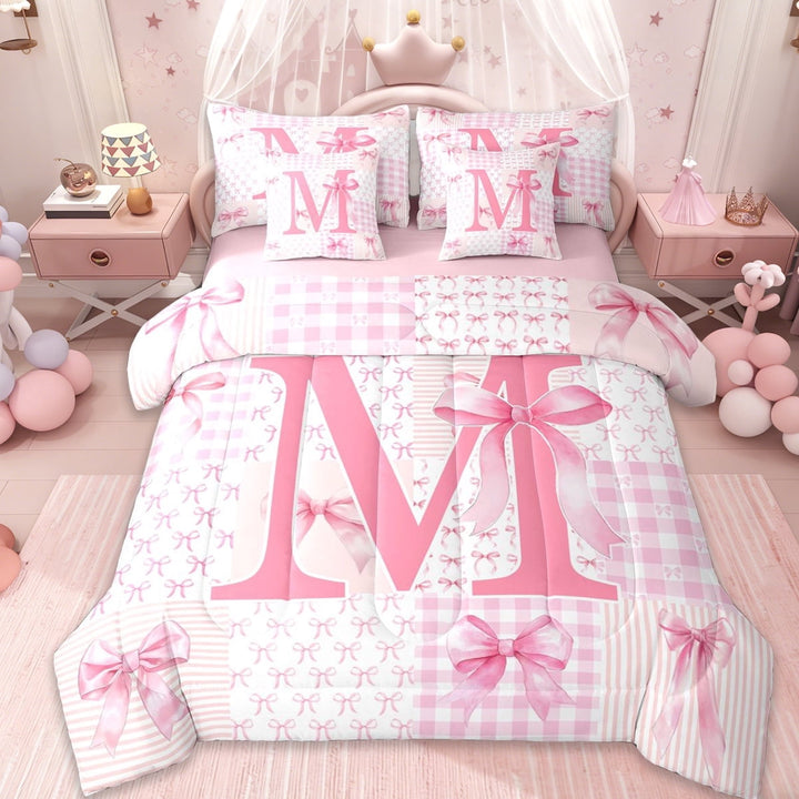 Erosebridal Pink Princess Bow Kids 7-Piece Twin Bedding Sets,Bowtie Theme Initial M Alphabet Bedding Comforter Set For Girls,Pink Reversible