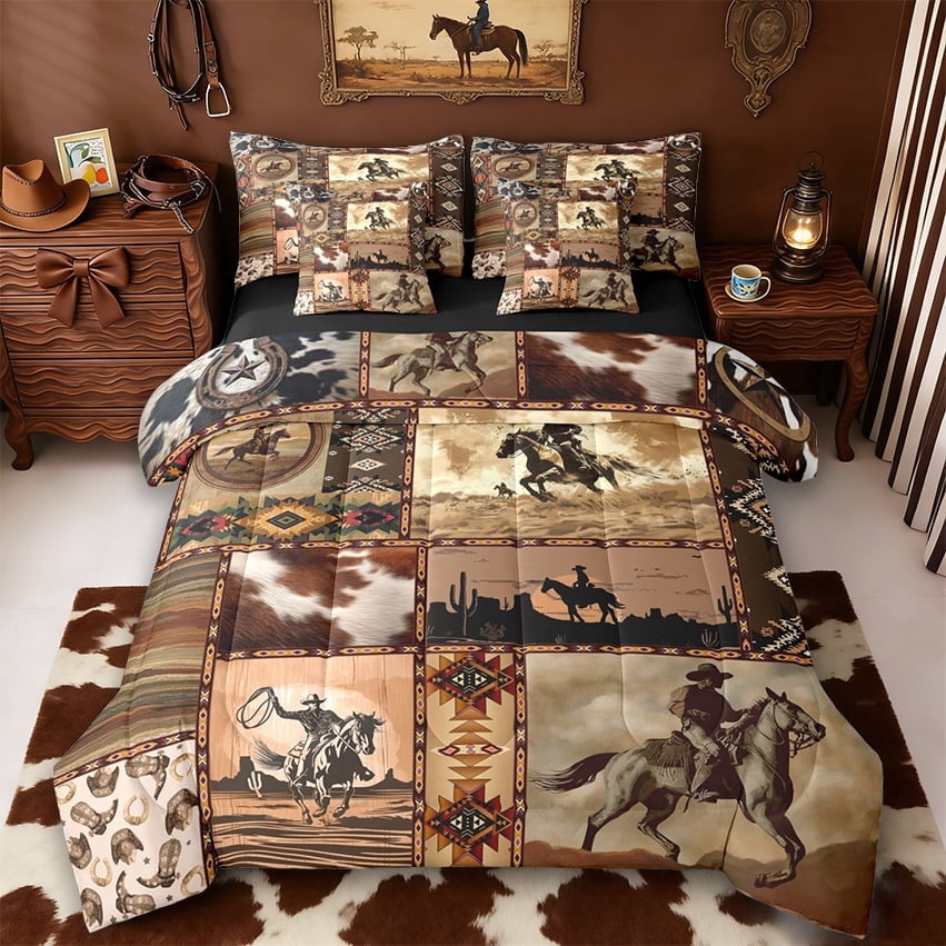 Erosebridal Retro Bohemian Aztec Geometric 7-Piece Twin Bedding Sets,Western Cowboy Rustic Cowhide Bedding Comforter Set For Men,Reversible Black
