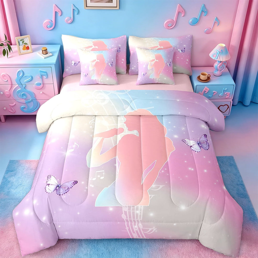 Erosebridal Girl Musician Silhouette Bedding Twin Size,Purple Cartoon Animal Butterfly Comforter Sets with Sheets,Musical Notes Bedding Sets Twin Size,Microfiber Bedroom Decor Reversible,7pcs