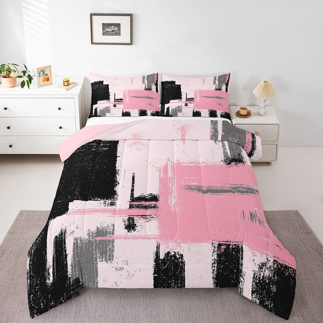 Erosebridal Oil Painting Comforter Sets,Abstract Artwork Comforters &amp; Duvets,Black Pink Bedding Comforter Set,Lightweight Geometric Bedroom Decorative,Reversible,2Pcs