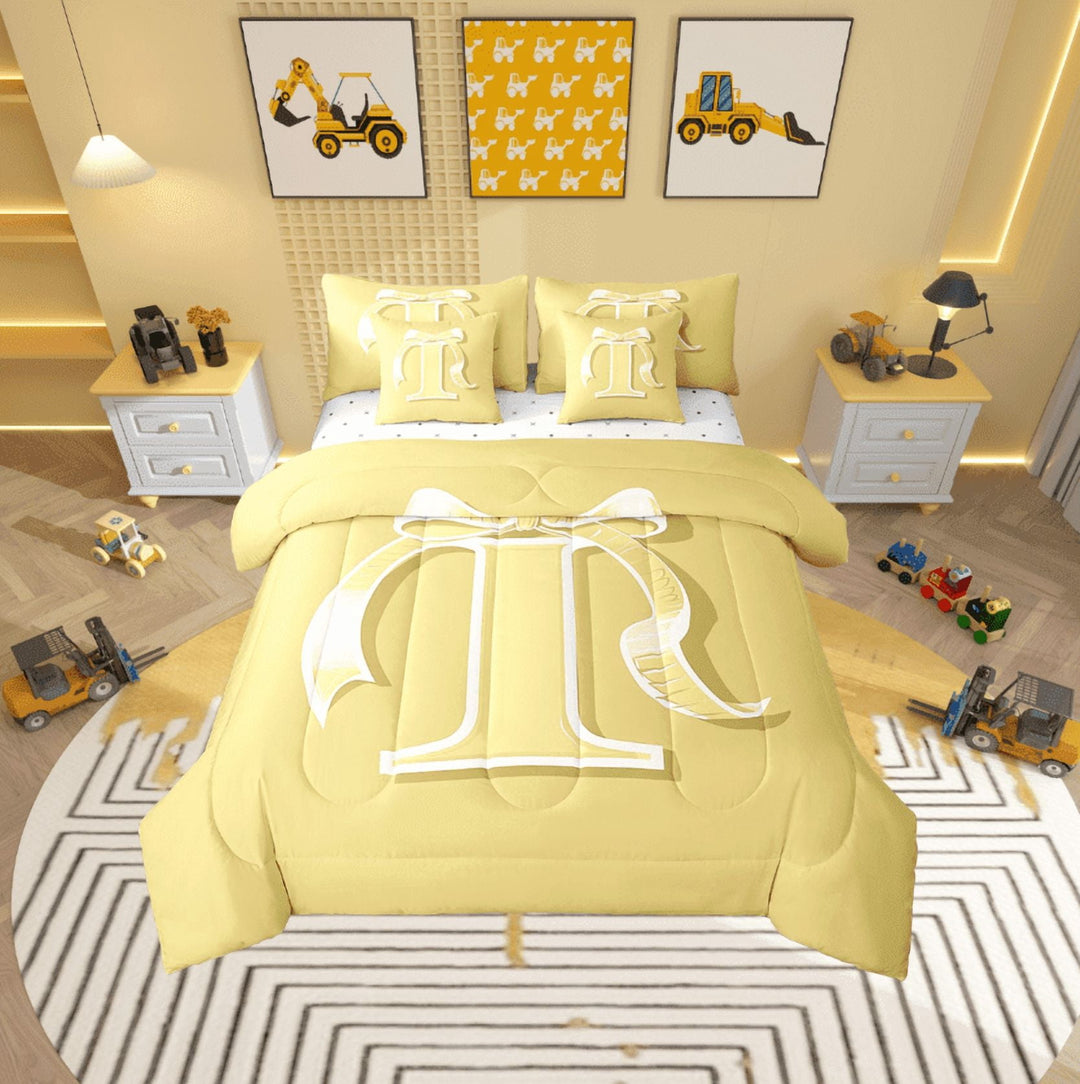 Erosebridal Yellow Bowknot Bedding Twin Size, Initial Letter I Bed in a Bag Twin size, Cartoon Monogrammed Reversible Bed Set, Breathable Bedroom Decorative, 7pcs