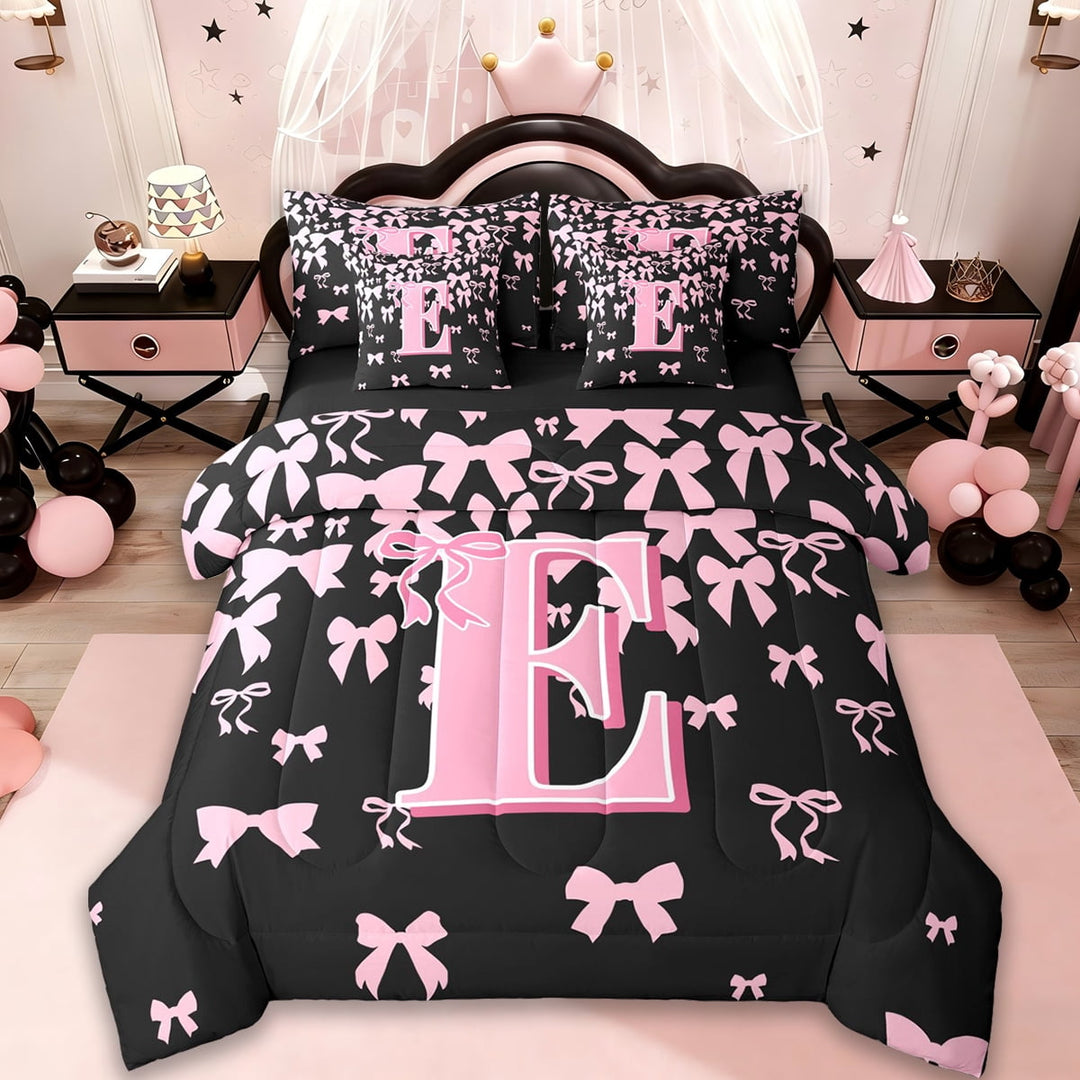 jejeloiu Monogrammed E Bedding Comforter Set 7pcs,Cute Bowknot Bowtie Queen Bedding Sets,Light Pink Black Queen Sets,Microfiber Room Decorative Reversible