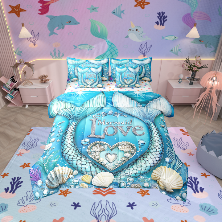 Erosebridal Mermaid Tail Bed in a Bag Twin size, Dreamy Princess Bed Set, Ocean Theme Reversible Bedding Twin Size, Super Cozy Room Decor, 7 Pieces