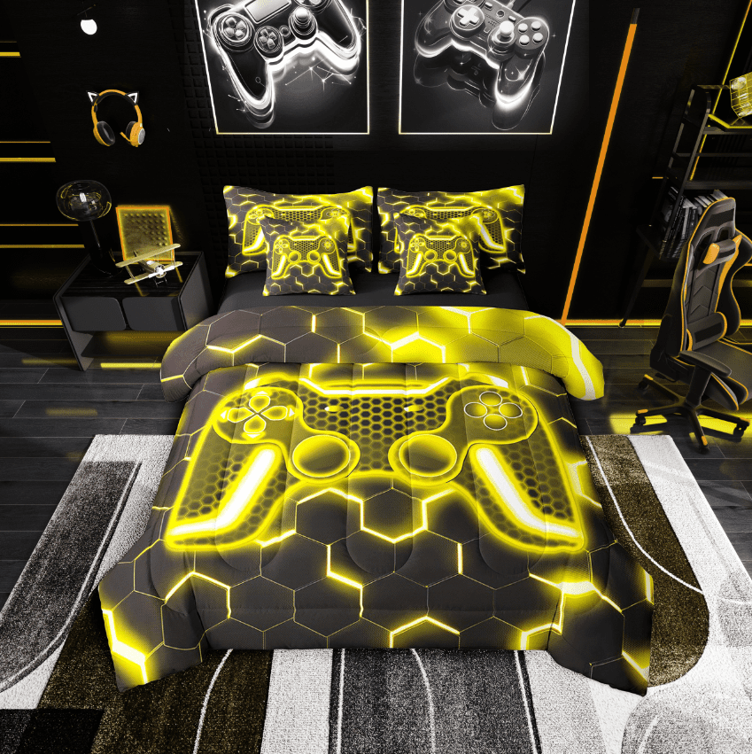 Erosebridal Video Game Bedding Sets Twin Size,Black Golden Comforter Sets with Sheets,Geometric Decoration,Reversible,Breathable,7-Piece