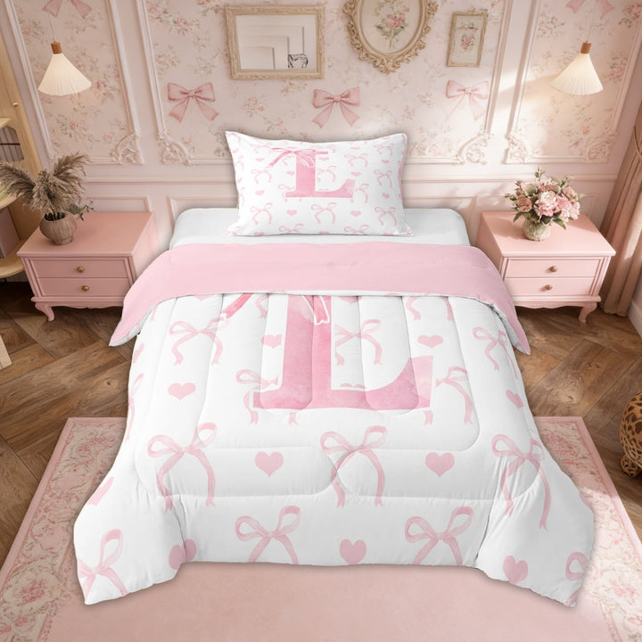 Erosebridal Girly Fairly Bedding Twin Comforter Set, Romantic Initial L Down Comforter, Kawaii Pink Bowknot, Reversible 2pcs