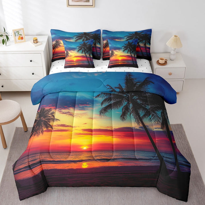 Erosebridal Palm Leaf 7 Pcs Comforter Set Queen Size, Ocean Beach Down Comforter, Nature Theme Duvet Set, Sunset Hawaiian Sheet Set Bed In A Bag