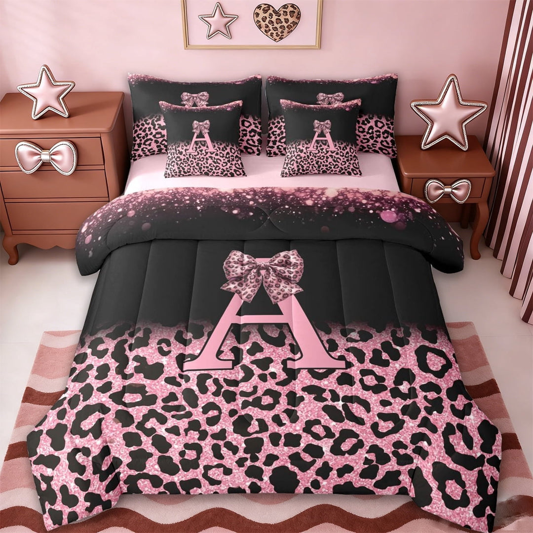 Erosebridal Girls Pink Leopard Print 7-Piece Twin Bedding Sets,Cute Bows Initial Letter A Bedding Comforter Set For Girls Women,Reversible pink