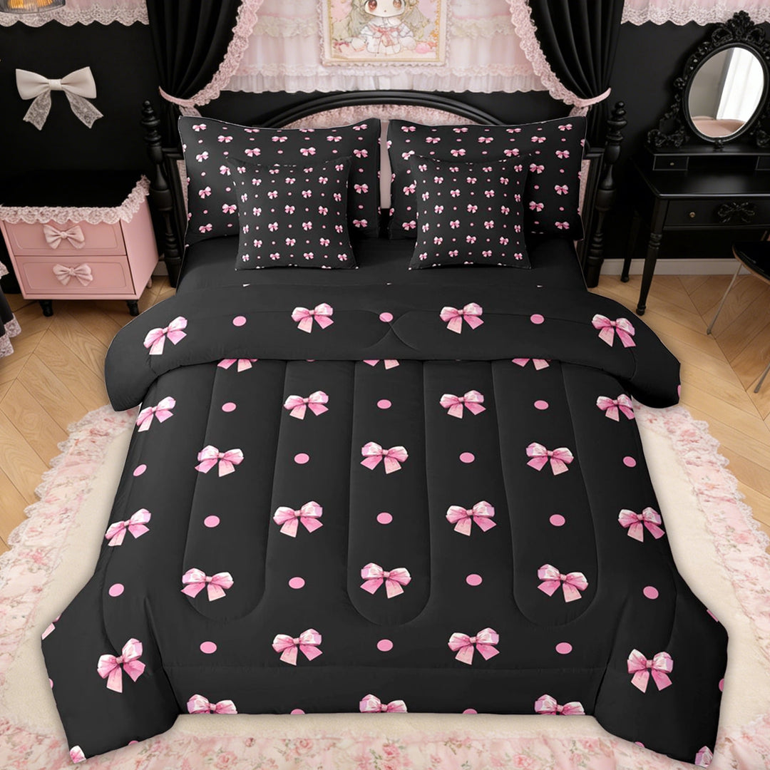 Erosebridal Fashion Bow Twin Bedding Sets for Girls, Black Pink Polka Dot Bedding Comforter Set for Women, Black Reversible, 7 Pieces