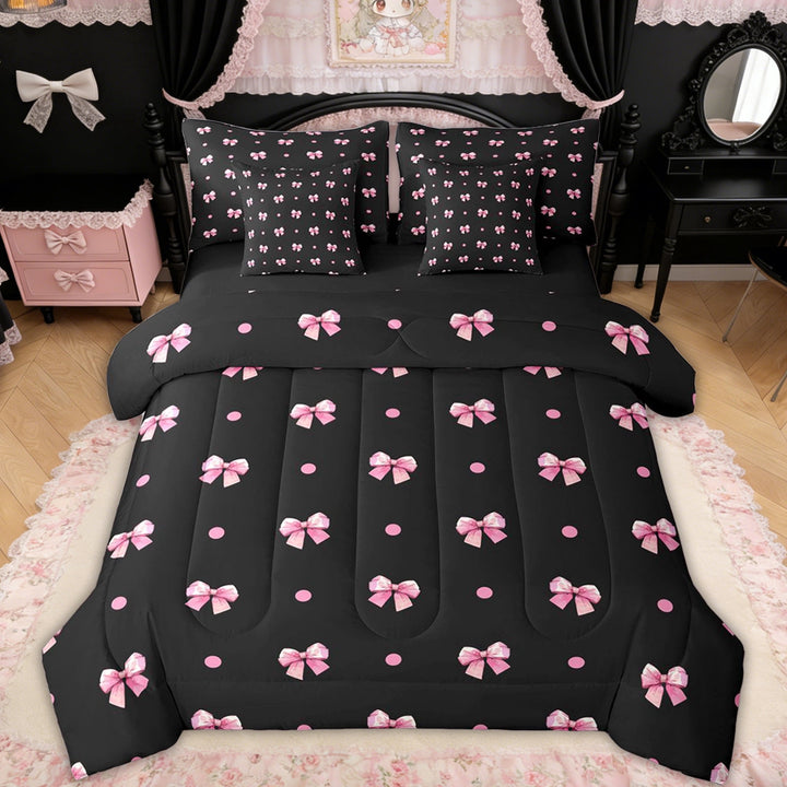 Erosebridal Fashion Bow Twin Bedding Sets for Girls, Black Pink Polka Dot Bedding Comforter Set for Women, Black Reversible, 7 Pieces