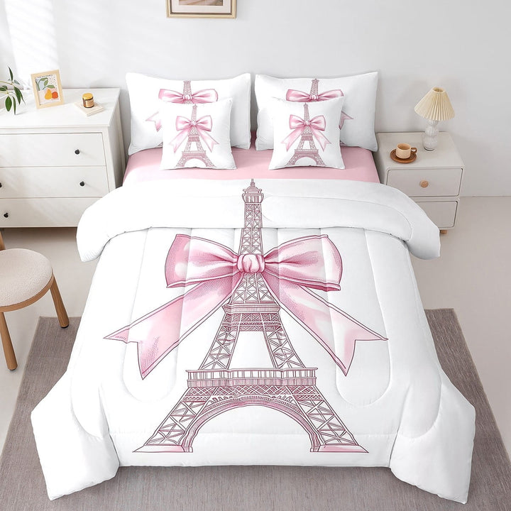 Erosebridal Paris Eiffel Tower Bedding Sets King Size, Chic Bow Tie Bed Set, Pink White, Reversible 7-Piece
