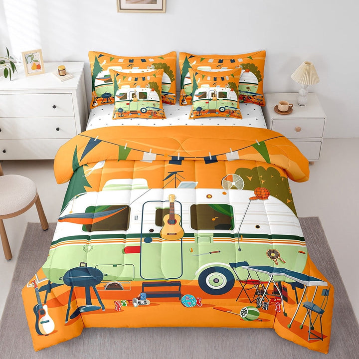 Camp Travel Car Bed in a Bag Queen Comforter Set 7 Piece,Camping Bedding Sets Retro Rustic Farmhouse Camper Decor Sheet Set with Comforter