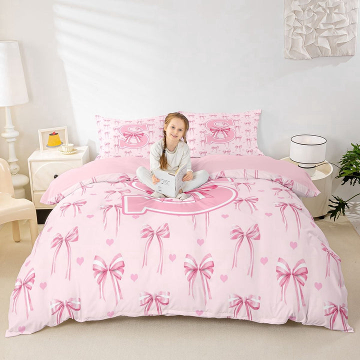 Erosebridal Pink Bow Tie Initial S Duvet Cover Set For Children Teens,Cute Love Heart Print Bedding Full For Girls,Pink Reversible,3-Piece,No Comforter