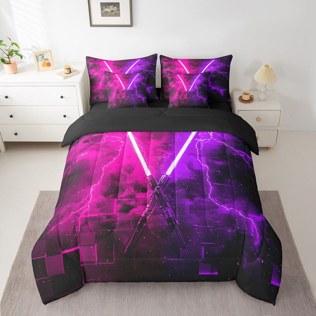 Erosebridal Futuristic Lightsaber Bedding Twin Size, Hot Pink Bed in a Bag Twin size, 3D Square Print Decor, Reversible 7pcs