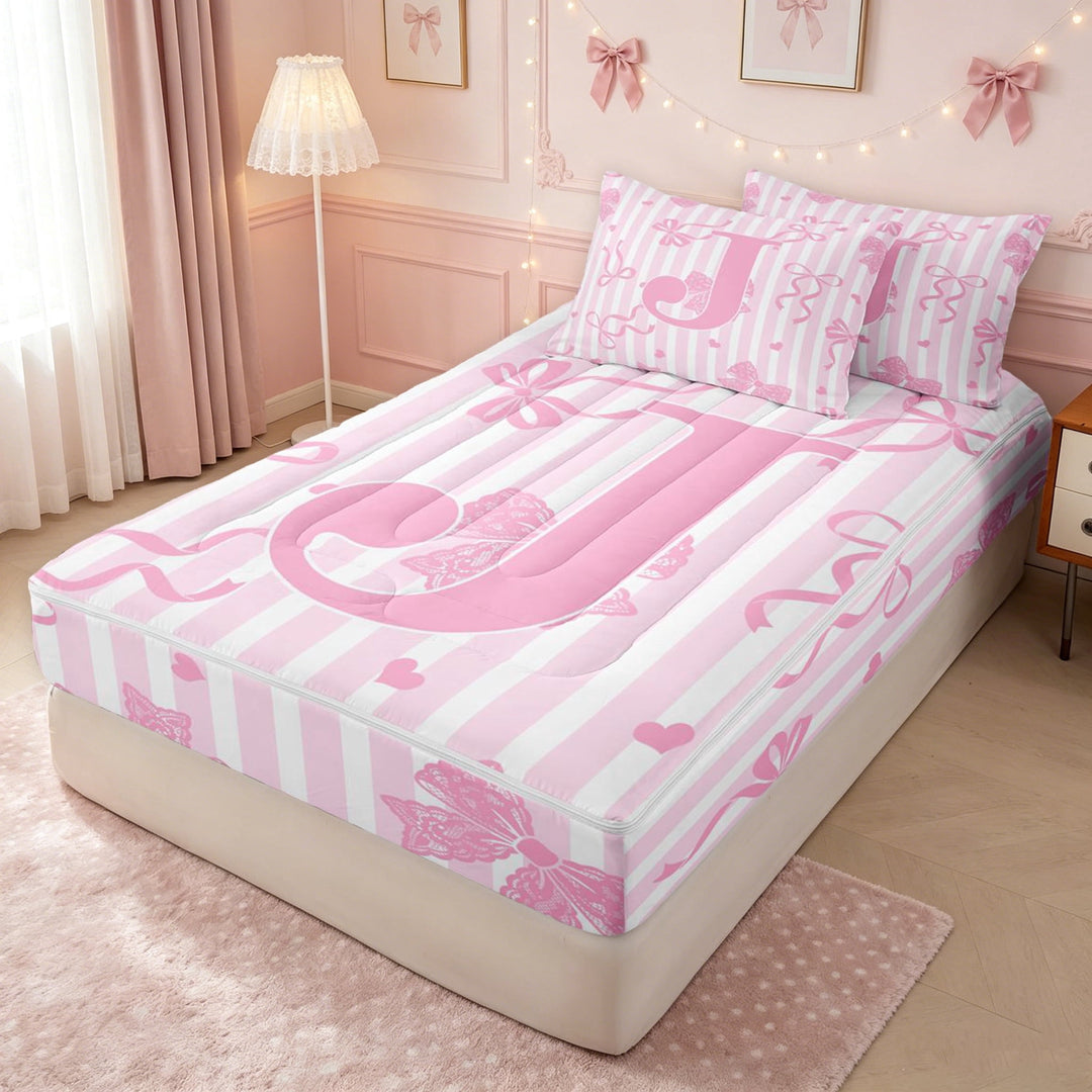 meiyoeat Girly Pink J Letter Zipper Twin Comforter Sets with Fitted Sheet and 2 Pillowcases for Girls, Bow Stripe Love Heart Zipper Bedding Set, Pink Reversible, 4 Pieces