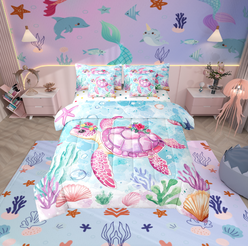 Erosebridal Pink Sea Turtle Bed in a Bag Twin size, Watercolor Ocean Bed Set, Marine Coral Reversible Bedding Twin Size, Breathable Bedroom Decoration, 7pcs