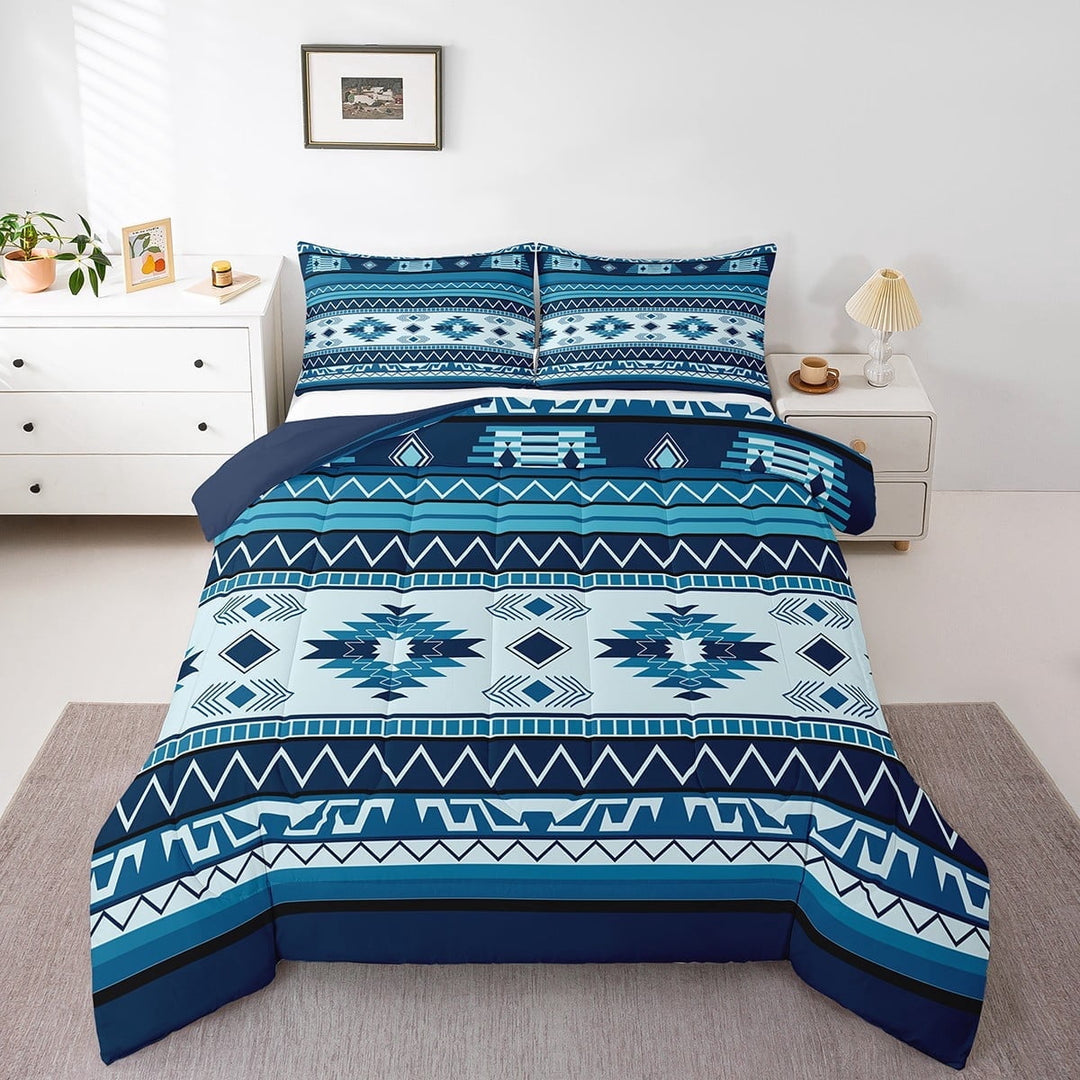 Erosebridal Blue Aztec Comforter Sets Queen Size,Bohemian Theme Bedding Queen Comforter Set,Boho Tribal Duvet Insert,Microfiber Hippie Room Decoration,Reversible,3 Pieces
