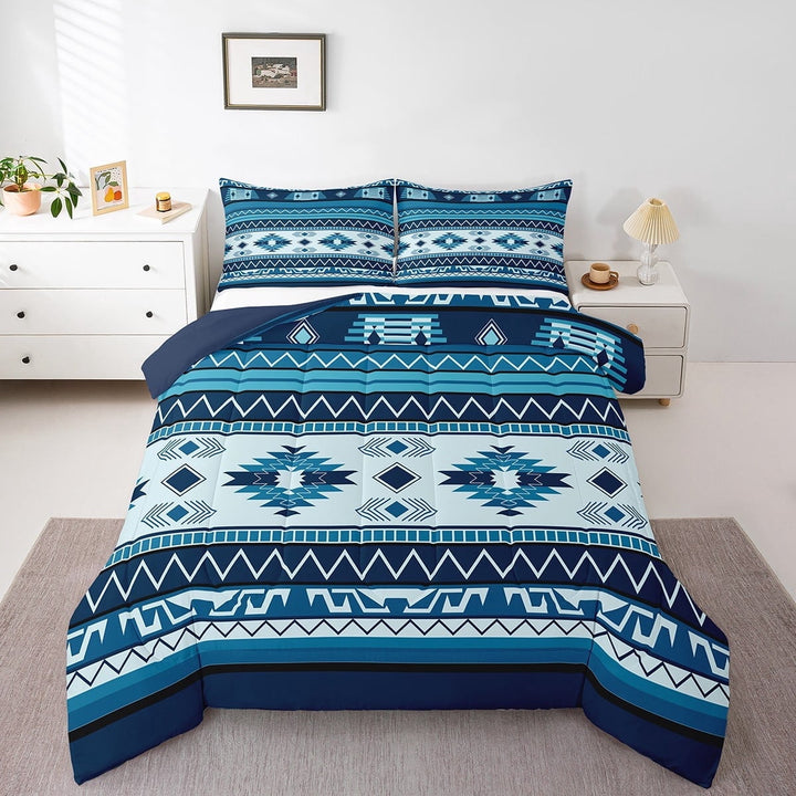 Erosebridal Blue Aztec Comforter Sets Queen Size,Bohemian Theme Bedding Queen Comforter Set,Boho Tribal Duvet Insert,Microfiber Hippie Room Decoration,Reversible,3 Pieces