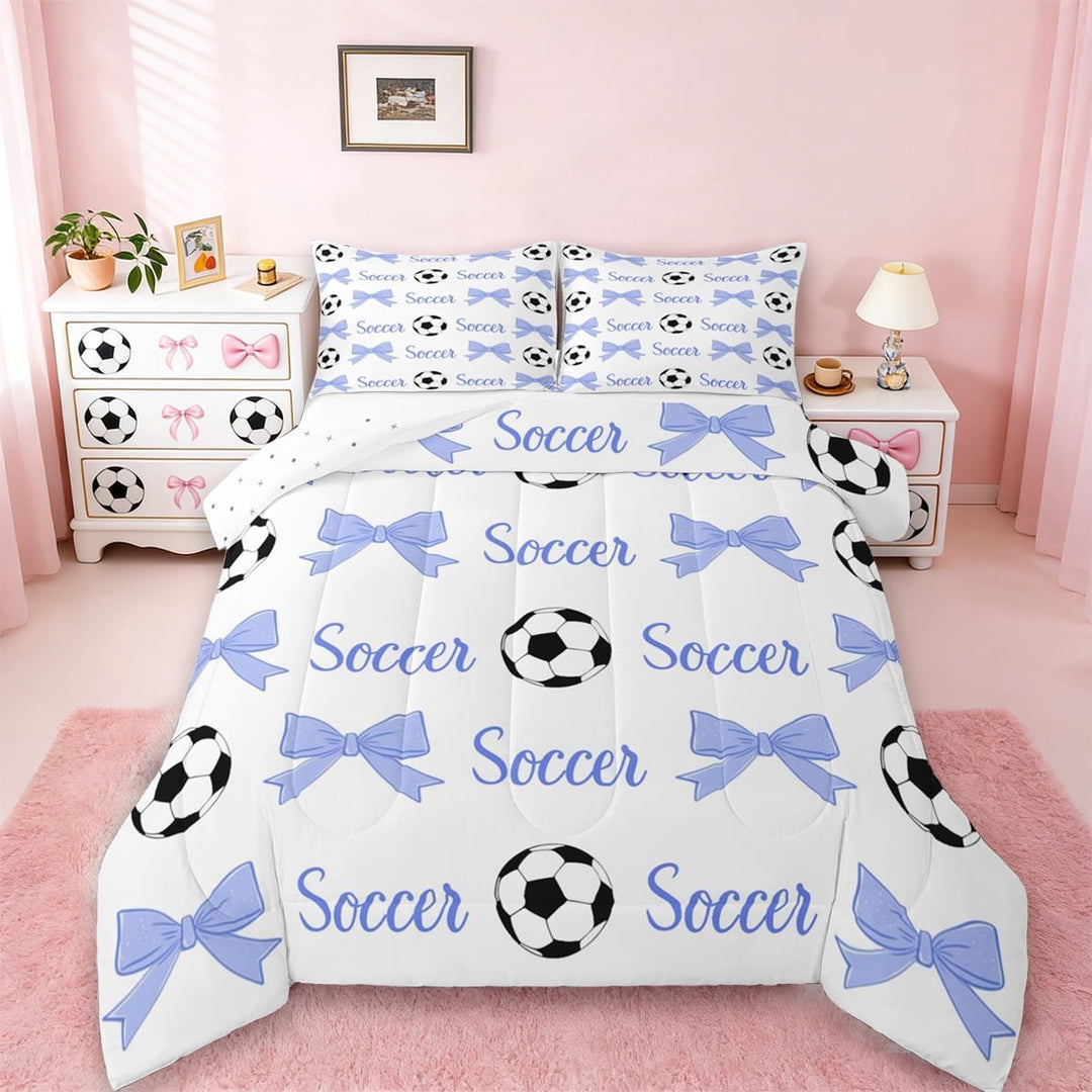 Erosebridal Kawaii Soccer Queen Comforter Set,Cute Bow Knot Print Bedding Comforter Set For Girls Kids,Reversible Black 3-Piece