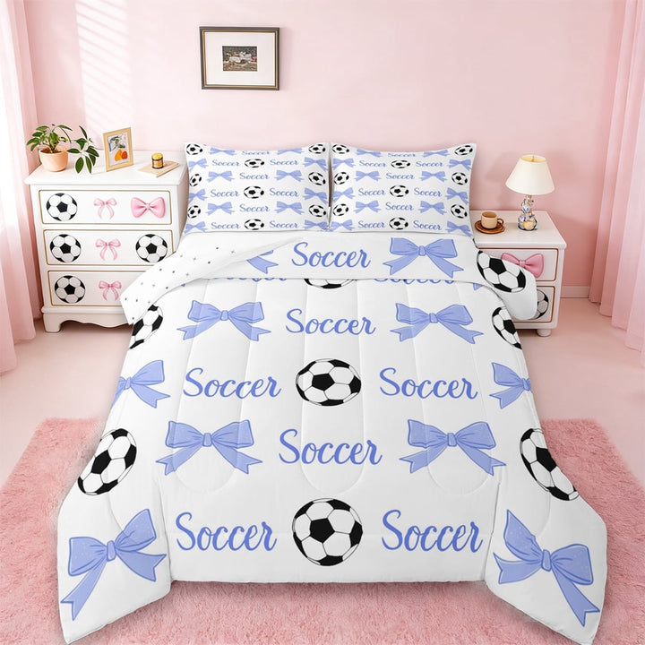 Erosebridal Kawaii Soccer Queen Comforter Set,Cute Bow Knot Print Bedding Comforter Set For Girls Kids,Reversible Black 3-Piece