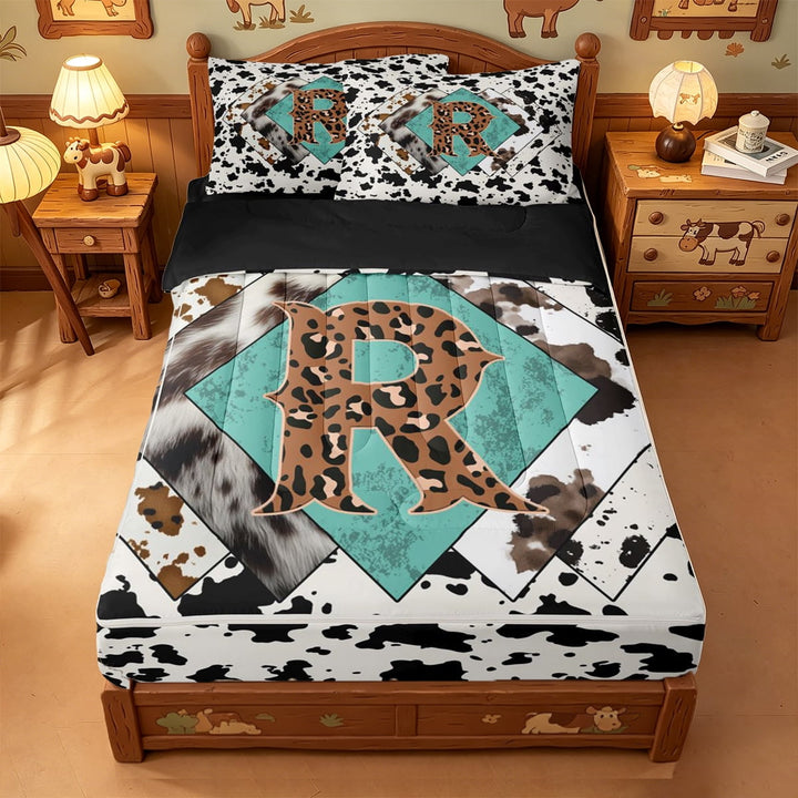 meiyoeat Western Cow Print Monogram R Zipper Twin Comforter Sets with Fitted Sheet and 2 Pillowcases For Boys,Leopard Initial Print Zipper Bedding Set,Black Reversible,4 Pieces