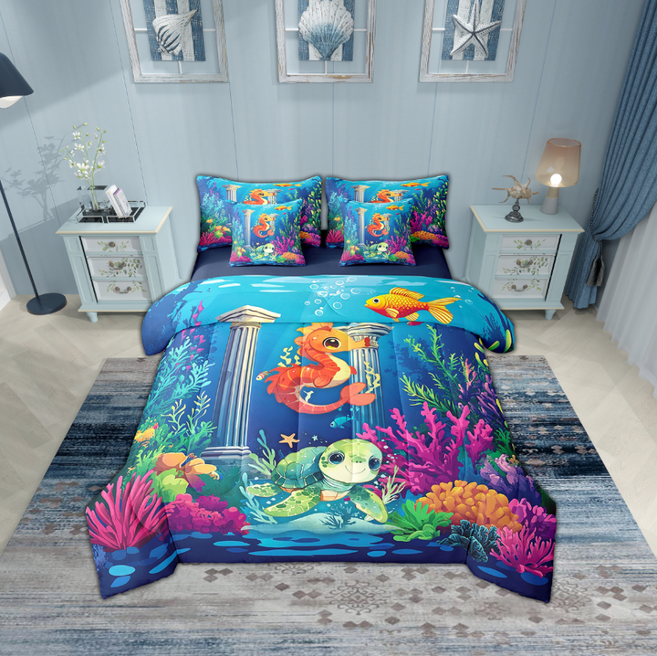 Erosebridal Sea Turtle Seahorse Bedding Sets Twin Size,Underwater World Comforter Sets with Sheets,Marine Room Decorative,Reversible,Breathable,7pcs