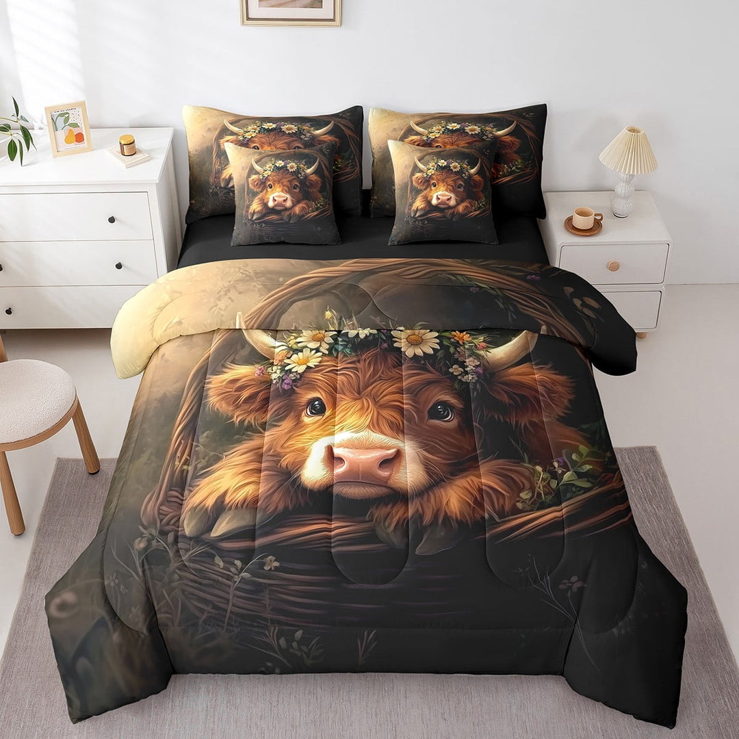 Erosebridal 7-Piece Cute Highland Cow Bedding Sets Twin Size,Farm Animal Comforter Sets With Sheets,Black Reversible,Floral Flower Decor,Highland Cow Bedding Comforter Set