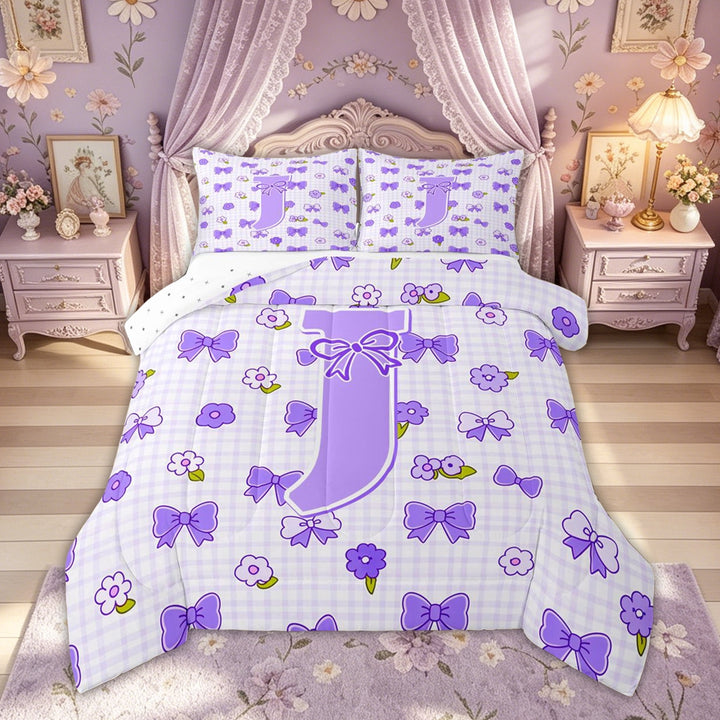 meiyoeat Cute Bow Letter J Full Size Comforter Sets for Girls, Floral Plaid Bedding Comforter Set for Bedroom, Purple, Reversible, 3-Piece, 1 Comforter and 2 Pillowcases