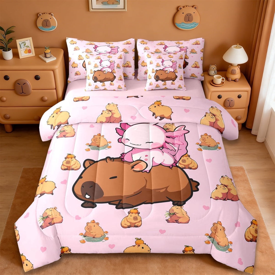 Erosebridal Pink Axolotl Brown Capybara 7-Piece Twin Bedding Sets For Kids,Cute Animals Bedding Comforter Set For Capybara Lovers ,Reversible Pink