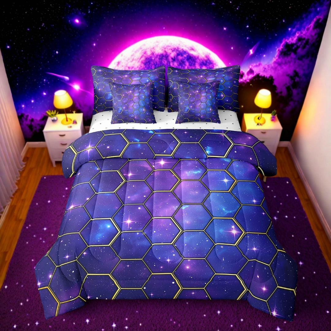 Erosebridal Galaxy Starry Night Bedding Sets Twin Size,Geometric Hexagon Comforter Sets with Sheets,Mystic Stars Bedroom Decor,Reversible,7pcs