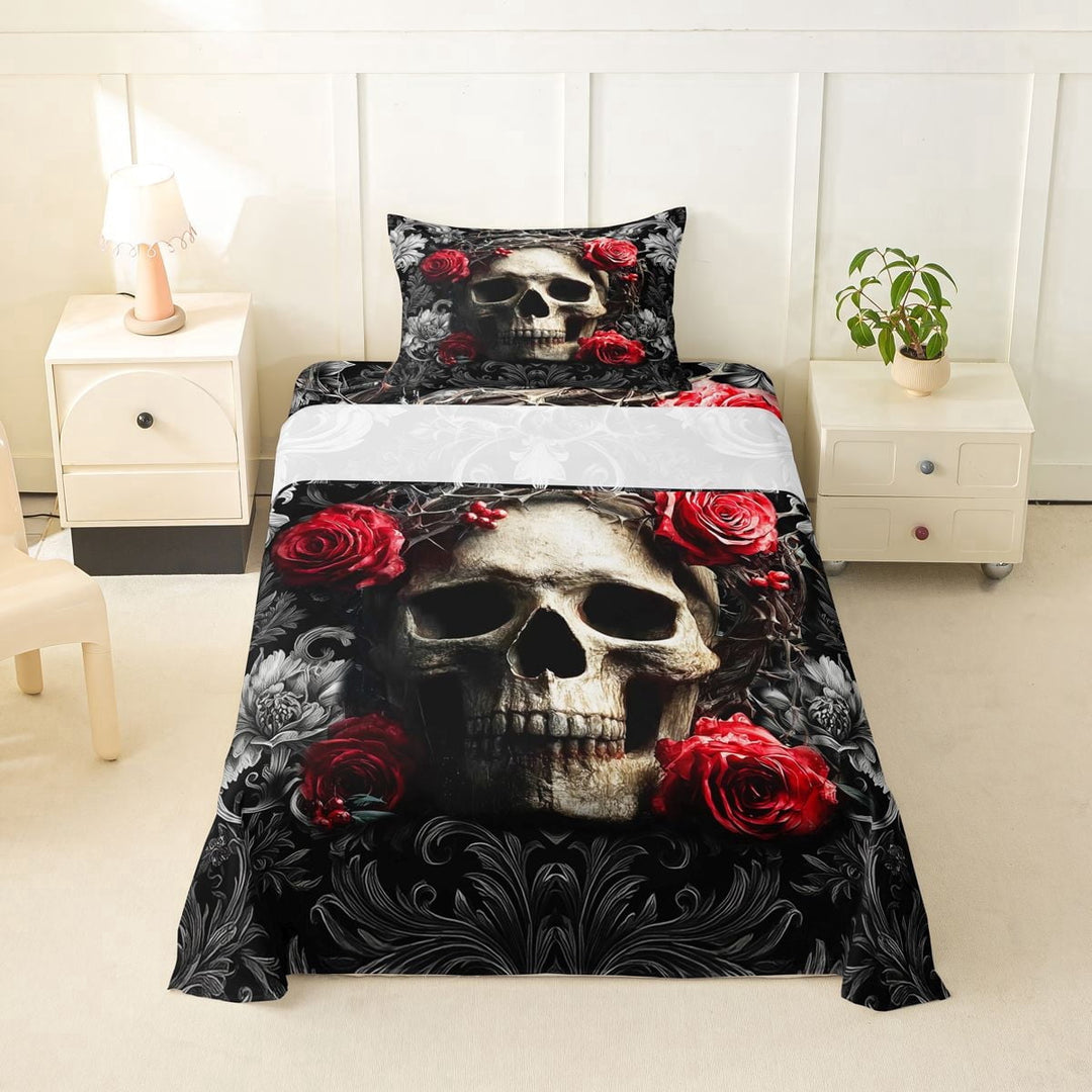 Erosebridal Teens Red Rose Sugar Skull Twin Sheet Sets 3pcs,Gothic Style Flowers Bedding for Boys Girls,Luxury Bedroom Decor